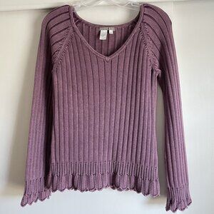 Anthropologie Isabella Bird V Neck Sweater Size M Purple Ribbed Cable Knit